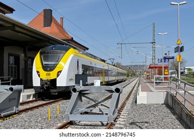 Breisach, Germany - April 2022: Train at one of the platforms of Breisach railway station, which is the terminus of the line