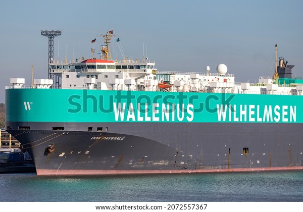 BREMERHAVEN, GERMANY - OCTOBER 28, 2021:\
Wallenius Wilhelmsen pure car and truck carrier DON PASQUALE in the\
port of\
Bremerhaven
