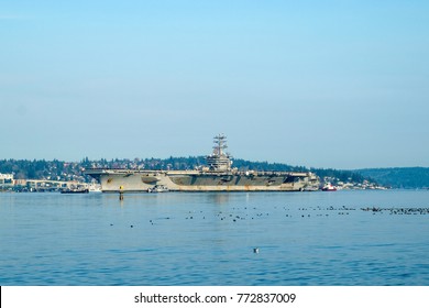 Bremerton, WA USA Dec. 10, 2017: US Navy Aircraft Carrier USS Nimitz (CVN 68) Returns To Naval Base Kitsap For Repairs And Maintenance After A Six Month Deployment To The Middle East