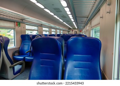 Brennero, Italy - June 10, 2022: Inside Of Trenitalia Train From Brennero To Verona. Old Train Passenger Car Inside. 