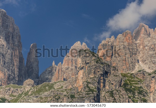 Brenta mountain group peaks as seen from trail #\
340 from Pradel cable car station down to Croz dell\' Altissimo\
refuge, Brenta Dolomites, Western Dolomites, Rhaetian Alps\
subgroup, Trentino,\
Italy