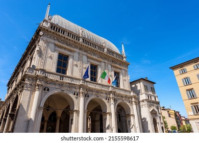 Brescia downtown. Ancient Loggia Palace (Palazzo della Loggia) in Renaissance Style, 1492-1574, Loggia town square (Piazza della Loggia). Lombardy, Italy, Southern Europe.