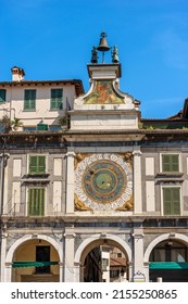Brescia downtown. Bell tower and clock in Renaissance style, 1540-1550, in Loggia town square (Piazza della Loggia). Lombardy, Italy, Europe. Astronomical clock with the constellations of the zodiac.