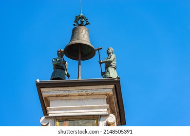 Brescia downtown. Clock and bell tower in Renaissance style, 1540-1550, in Loggia town square (Piazza della Loggia). Lombardy, Italy, Europe. Bronze bell and two statues with hammer, two automata.