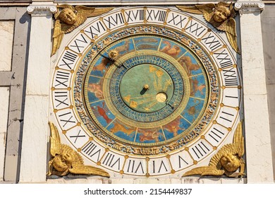 Brescia downtown. Clock and bell tower in Renaissance style, 1540-1550, in Loggia town square (Piazza della Loggia). Lombardy, Italy, Europe. Astronomical clock with the constellations of the zodiac.
