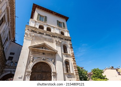 Brescia downtown. Close-up of the ancient Loggia Palace (Palazzo della Loggia) in Renaissance Style, 1492-1574, in Loggia town square (Piazza della Loggia). Lombardy, Italy, Southern Europe.