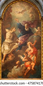 BRESCIA, ITALY - MAY 22, 2016: The painting of Holy Trinity in church in church Chiesa di San Francesco d'Assisi by Giuseppe Tortelli (1738)