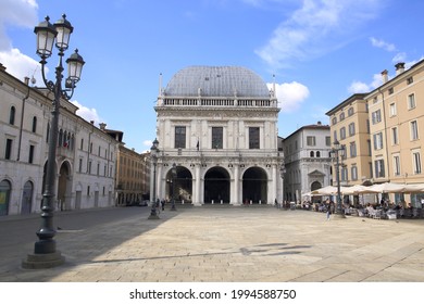 BRESCIA, ITALY - OCTOBER 6, 2016: Piazza della Loggia, the central market square  on October 6, 2016 in Brescia, Italy. It is a unesco world heritage centre.