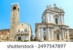 Brescia, Lombardy,  Italy Paul VI Square with Torre del Pegol, Duomo Vecchio and Duomo Nuovo, old and new cathedral