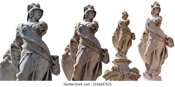 Brescia. Marble statue and fountain of Brescia Armata (Brescia Armed) by the Italian sculptor Antonio Calegari (1699-1777). Isolated on white background. Square Piazza Paolo VI. Lombardy, Italy.