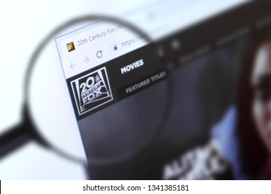 Brest, Belarus, March 15, 2019. Home Page Of The 20th Century Fox, View Through A Magnifying Glass. 20th Century Fox Company Logo Is Visible. Soft Focus.