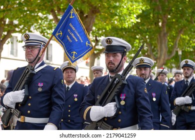 Brest, France - July 14 2022: Sailors From The Logistics Department Of The Brest Navy Parading For July 14th.