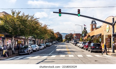 BREVARD, NORTH CAROLINA, USA-9 OCTOBER 2022: Wide-angle View Of Main Street. People Shopping And Walking.