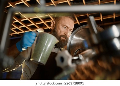 Brewer adding ferment with yeast or hop into beer tank - Powered by Shutterstock