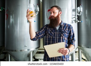 brewer checking beer for qaulity at brewery while holding clipboard - Powered by Shutterstock