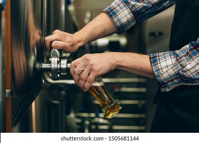 Brewer filling beer in glass from tank at brewery. Family business concept. - Powered by Shutterstock