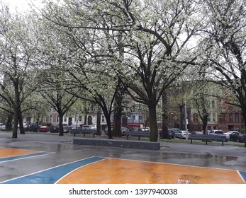 Brewer Park Basketball Court In Crown Heights Close To The Brooklyn Children's Museum On A Rainy Afternoon. Brooklyn New York April 24 2019