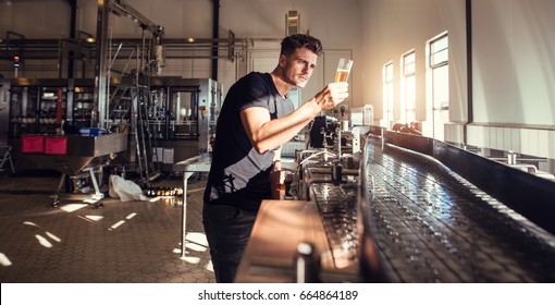 Brewery factory owner examining the quality of craft beer. Young man inspector working on alcohol manufacturing factory checking the beer. - Powered by Shutterstock