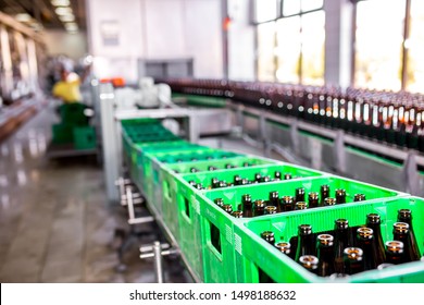 Brewery factory spilling beer into glass bottles on conveyor lines. Industrial work, automated production of food and drinks. Glass products. Bottles for drinks. Technological work at the factory. - Shutterstock ID 1498188632
