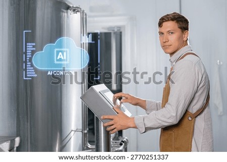 Brewery operator at control panel using ai assistant cloud for automated brewing process monitoring and system.