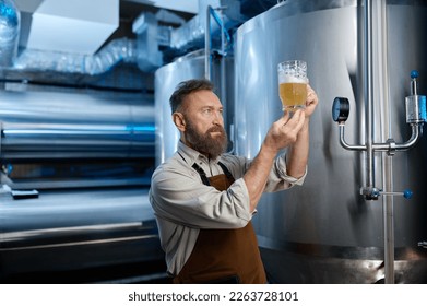 Brewery worker looking at freshly made beer in glass mug - Powered by Shutterstock