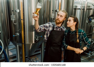 Brewery workers looking at freshly made beer in glass tube and discussing it. Male and female brewer testing beer at brewery factory. 4k. Small business concept. - Powered by Shutterstock