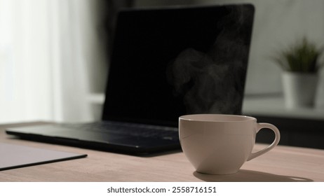 Brewing Coffee in a Home Office Cozy Workspace Setting Digital Device Warm Lighting Productive Environment Focused Atmosphere - Powered by Shutterstock