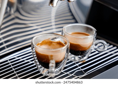 Brewing espresso in to glass cups silver coffee espresso machine white and clean interior. Barista working with coffee machine and making espresso coffee, speciality coffee black arabica - Powered by Shutterstock