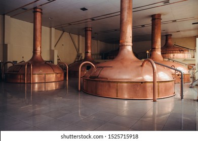 Brewing Production - Mash Vats. Modern Brewery Factory Interior. Steel Tanks Or Vats For Filtration Beer. Industrial Background