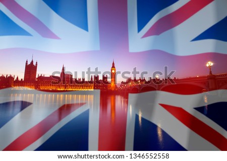Brexit concept - image of Big Ben and UK flag overlaid symbolising agreement and deal being processed 