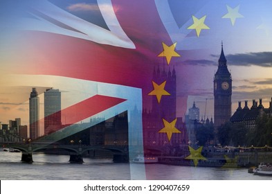  BREXIT concept image of London image and UK and EU flags overlaid symbolising agreement and deal being processed