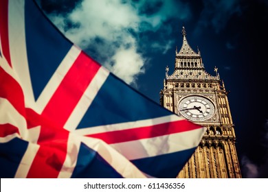 brexit concept - Union Jack flag and iconic Big Ben in the background - UK leavs the EU