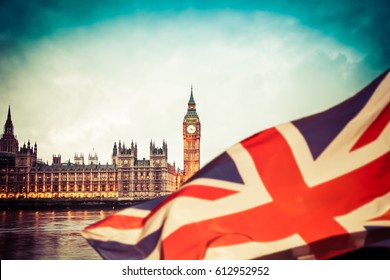 Brexit Concept- Union Jack Flag And Iconic Big Ben In The Background - UK Leavs The EU