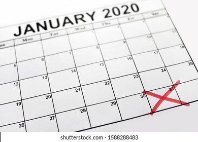 Brexit deadline concept with sheet of monthly calendar and the date on which England will leave the European Union, January 31st 2020, marked with red cross