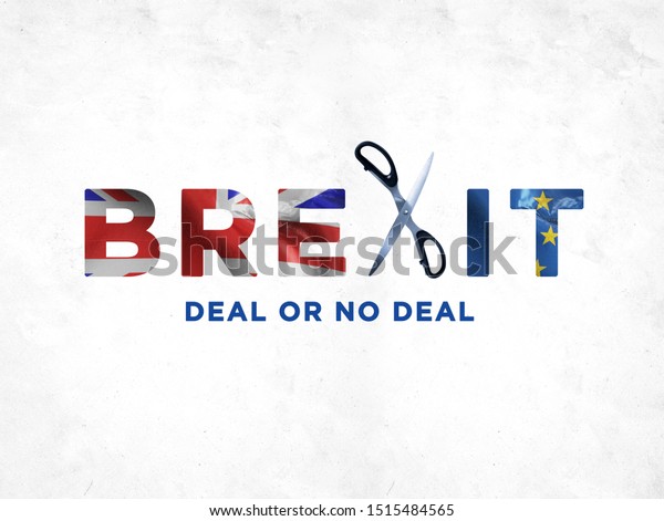 Brexit- Deal or No Deal (United Kingdom or Great\
Britain or England withdrawal from EU , British vote leave.\
Scissors cut the flying flag of UK & EU Symbolic that\
represent concept of\
Brexit