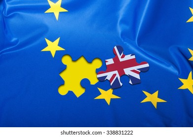 Brexit - Detail of Silky Flag of European Union With Puzzle Piece of Great Britain