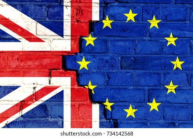 Brexit Negotiations: European Union (EU) And United Kingdom (UK) Flags Painted On Cracked Brick Wall. Symbol Of UK Brexit Leave Vote, Article 50, UK EU Deal Differences  With EU. Hard Brexit No Deal.