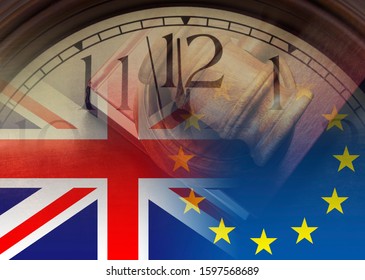 Brexit Time, UK EU Legal Concept With Judge Gavel On Legal Book, Clock And Flags