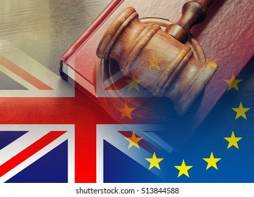 Brexit UK EU Legal Concept With Judge Gavel On Legal Book And Flags