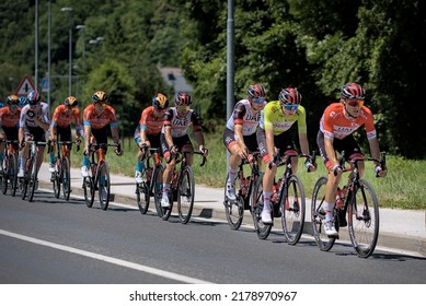 Brezovica, Slovenia - June 19 2022: Main Pack Of Riders During Tour Of Slovenia With Focus On Tadej Pogacar Of Team UAE In Green Jersey Which Belongs To A  Leader Of The General Classification.