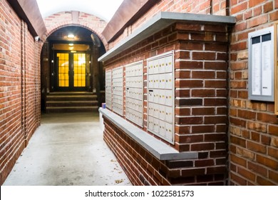 Brick Apartment Building Entrance In Downtown NYC New York City With Mailbox Post Mail Boxes, Empty Corridor In Evening Night With Nobody, Secured Area