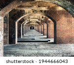 Brick arch hallways of Fort Jefferson in Dry Tortugas National Park off the coast of Key West, Florida