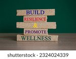 Brick blocks with words Build Resilience and Promote Wellness. Beautiful green background. Wooden table. Build Resilience and Promote Wellness. Copy space