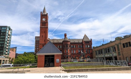 Brick building with clock tower