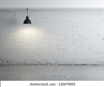 brick concrete room with ceiling lamps