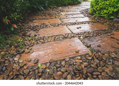 Brick Curve Walkway And Brown Gravel In Public Garden Of Park, The Bushes Are Parallel Path.