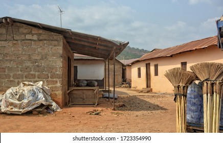 Brick House With Household Items In A Yard. Rural Lifestyle Of West Africa. Ghana, Accra – January 19, 2017 