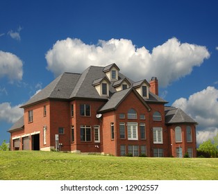 Brick Mansion - A 4 Story Brick Mansion With A Three Car Garage, Sitting On A Hillside.