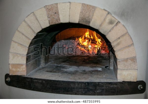 Brick Mortar Pizza Oven Burning Fire Stock Photo Edit Now 487355995