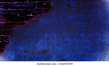 Brick Neon Wall. Dark Blue Night Light. Abstract Bar Neon Texture. Celebratory Night View, Neon Light, Rays Background.